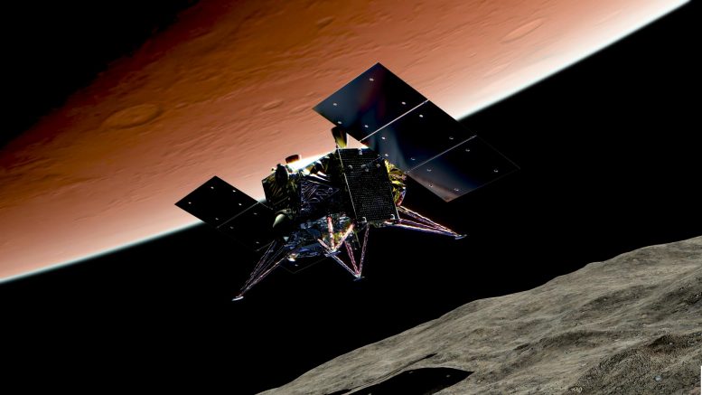 Vaisseau spatial MMX descendant à la surface de Phobos