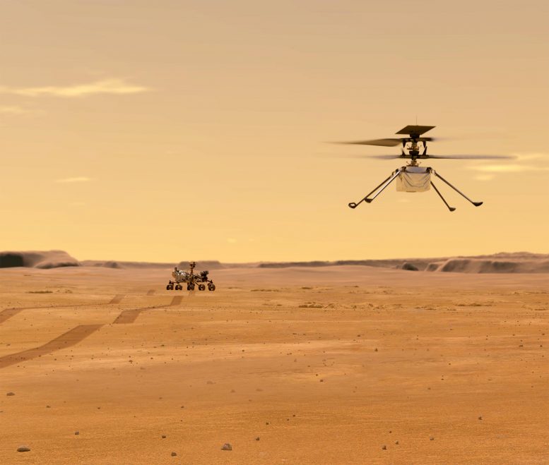 Hélicoptère au-dessus de la persévérance sur Mars