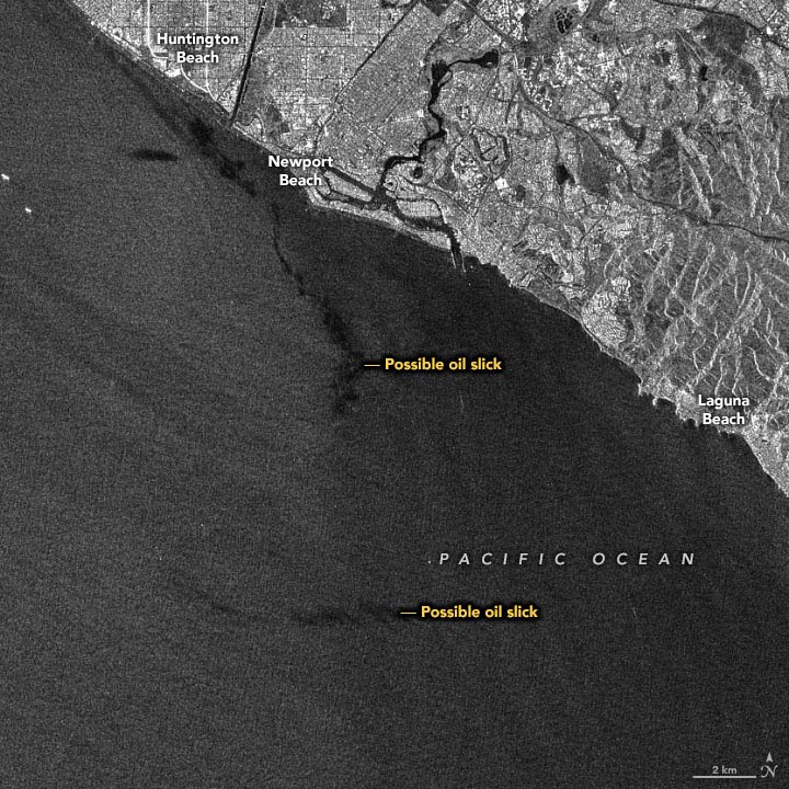 Radar à ouverture synthétique en cas de déversement de pétrole en Californie, octobre 2021 annoté