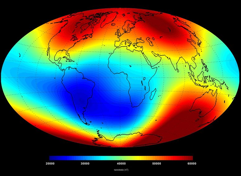 Force moyenne du champ magnétique terrestre à la surface