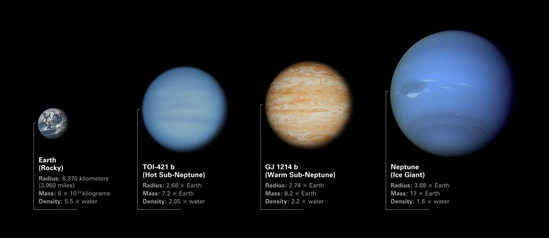 Comparaison de TOI-421 b et GJ 1214 b à la Terre et à Neptune