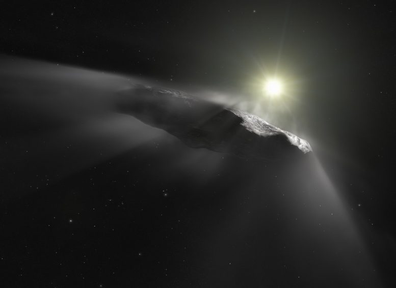 Impression d'artiste de l'astéroïde interstellaire Oumuamua