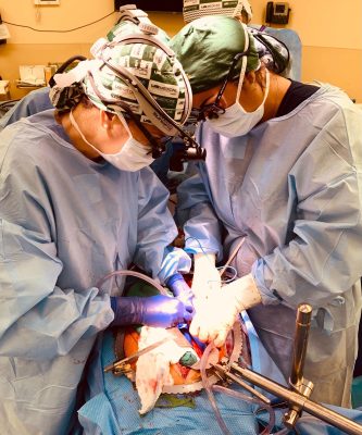 Une équipe chirurgicale prépare un abdomen humain