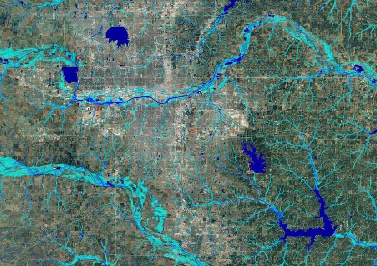 Simulation d'une crue centennale des eaux de surface à Oklahoma City.