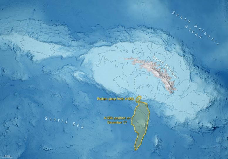 Position de l'iceberg A 68A le 17 décembre 2020