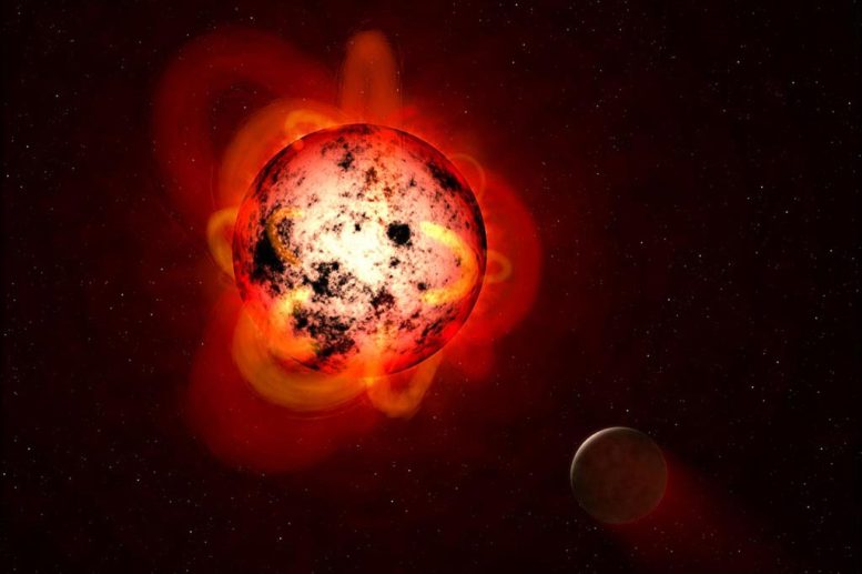 Une étoile naine rouge en orbite autour d'une exoplanète.
