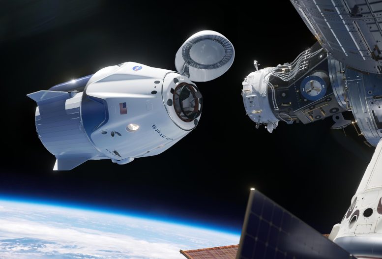 Le vaisseau spatial SpaceX Crew Dragon s'approche de la Station spatiale internationale.