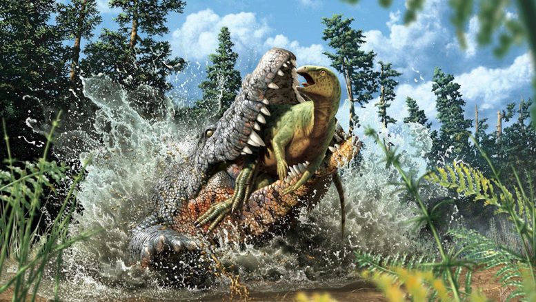 Un crocodile mange un dinosaure