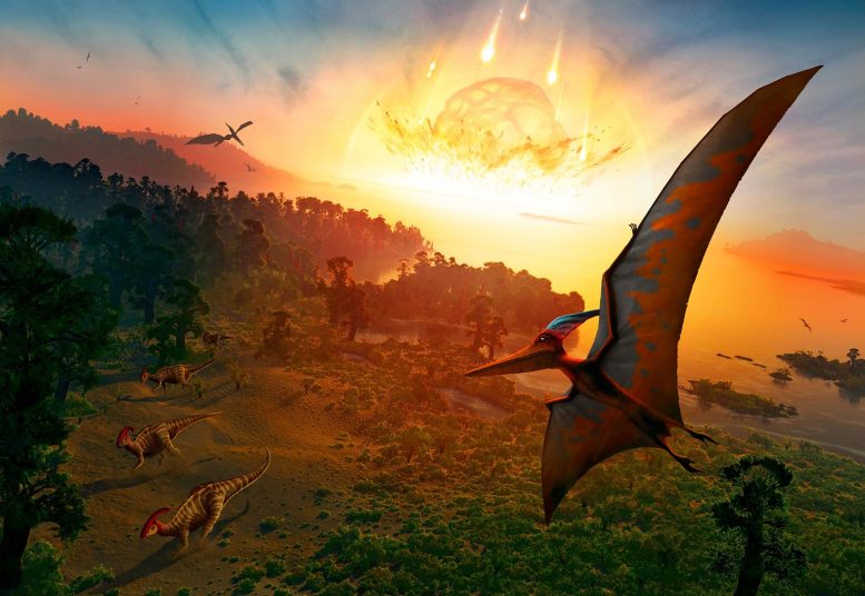 Illustration de l'extinction des dinosaures par astéroïde