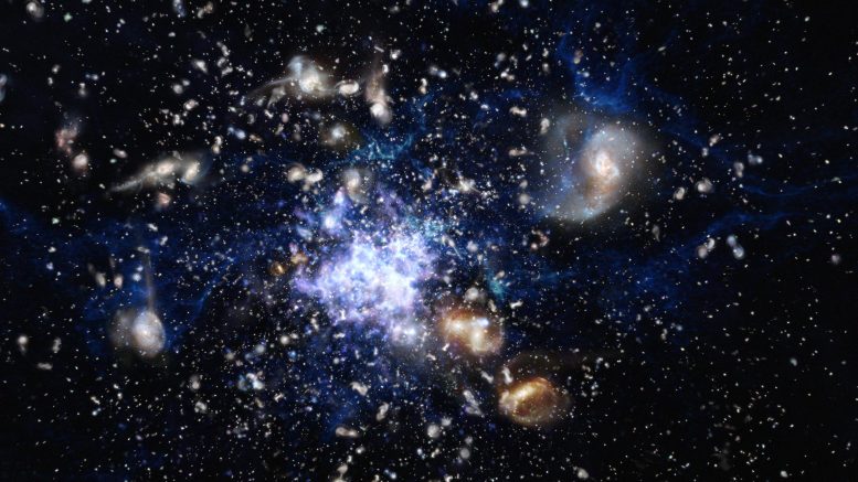 Formation d'un amas de galaxies dans l'Univers primitif
