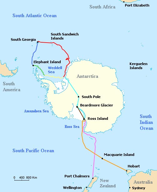 Carte des voyages de l'expédition Trans-Antarctique