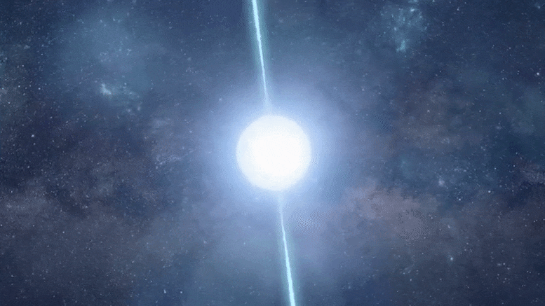 Animation d'un pulsar tournant autour d'une étoile à neutrons