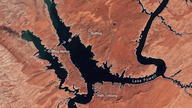 La baisse du niveau d'eau du lac Powell vue de l'espace - le deuxième plus grand réservoir artificiel des États-Unis.
