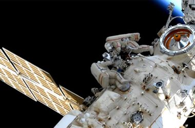 Spacewalkers Oleg Artemyev and Denis Matveev Configure New Robotic Arm
