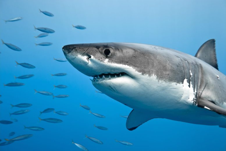 Le grand requin blanc pêche sous l'eau