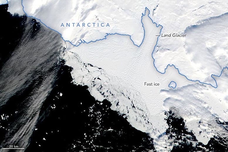 Glacier terrestre de l'Antarctique février 2022 annoté