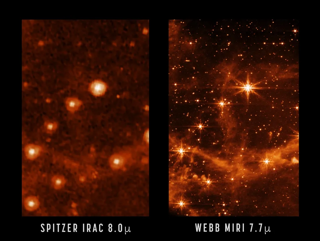 Image de comparaison entre Webb MIRI et Spitzer