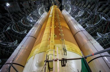Artemis I Space Launch System Rocket Inside High Bay 3 VAB
