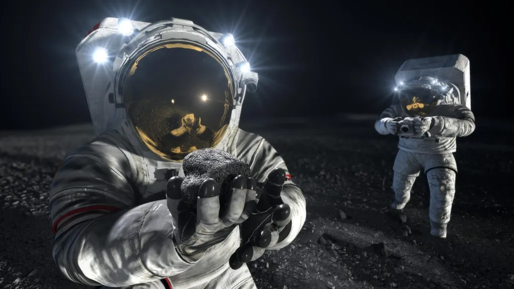 Des astronautes travaillent sur la surface lunaire