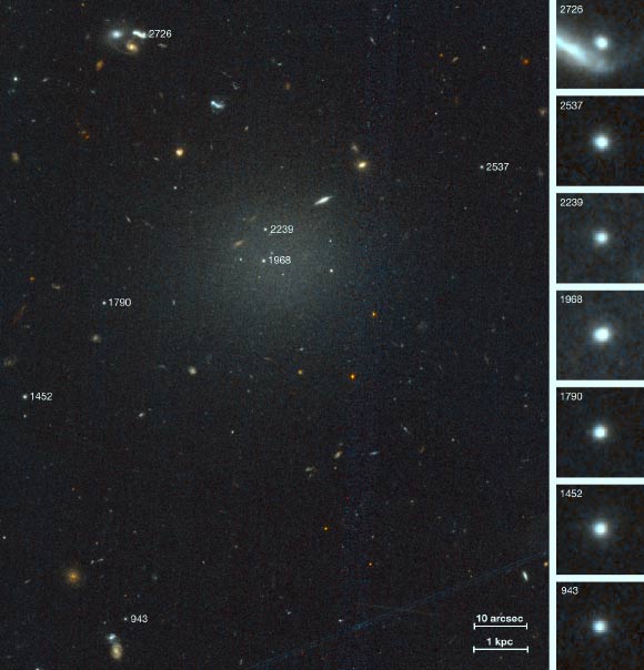 Cette image Hubble montre la galaxie ultra-diffuse NGC 1052-DF4 ; les objets mis en évidence sont des amas globulaires. Crédit image : van Dokkum et al, doi : 10.3847/2041-8213/ab0d92.