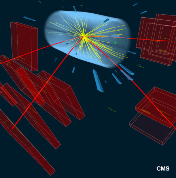 Événement de collision enregistré par CMS. Crédit image : CERN.