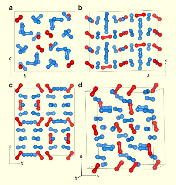La structure cristalline de ι-N2 : (a-c) projections le long des axes a, b et c respectivement ; (d) une projection en perspective de la cellule unitaire ; les molécules de N2 en couches sont représentées en bleu et les molécules orientées en rouge. Crédit image : Turnbull et al, doi : 10.1038/s41467-018-07074-4.