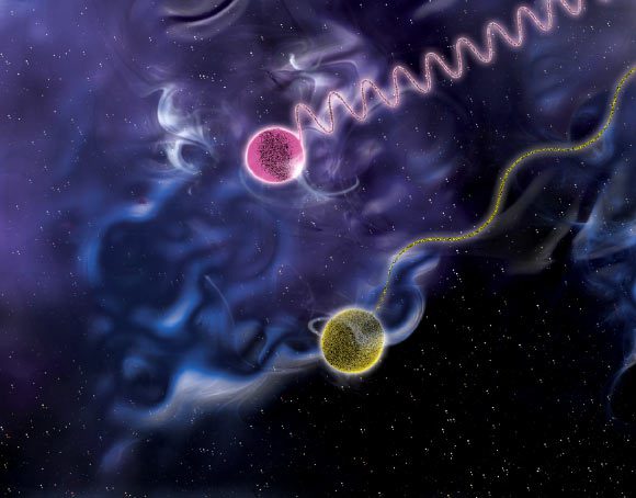 Dans cette illustration, un photon (violet) transporte un million de fois l'énergie d'un autre (jaune). Crédit image : NASA / Sonoma State University / Aurore Simonnet.