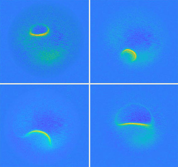 Scans IRM sur le dessus d'un atome de titane pris à différentes énergies ; les zones brillantes marquent les positions où le champ magnétique de l'atome est le même. Crédit image : Willke et al.