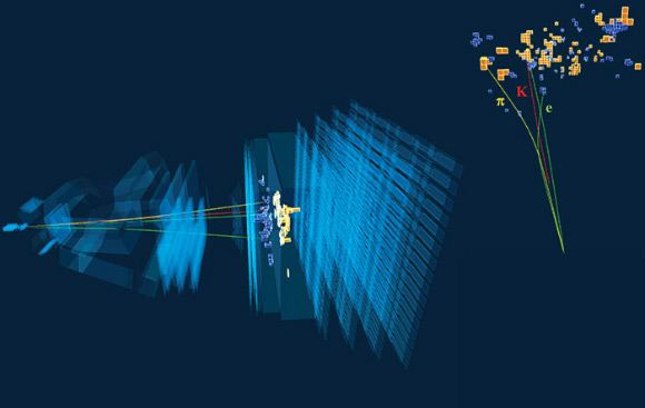 La désintégration d'un méson B0 en un K0 et une paire électron-positron dans le détecteur LHCb, qui est utilisé pour un test sensible de l'universalité des leptons dans le Modèle standard. Crédit image : CERN.