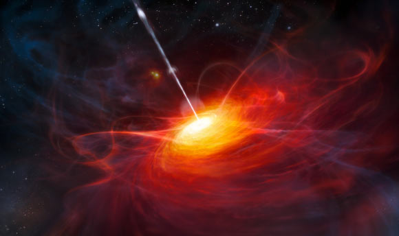 Cette impression d'artiste montre à quoi pouvait ressembler ULAS J1120+0641, un quasar très lointain alimenté par un trou noir d'une masse deux milliards de fois supérieure à celle du Soleil. Crédit image : M. Kornmesser / ESO.