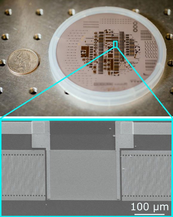 La puce acousto-électrique comprend un amplificateur de radiofréquences, un circulateur et un filtre ; l'image MEB montre les détails de l'amplificateur. Crédit image : Bret Latter / Matt Eichenfield.