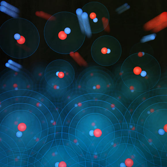 Impression d'artiste d'un gaz quantique de molécules de potassium-rubidium à température record. Crédit image : Steven Burrows / JILA.