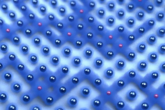 Une impression d'artiste de la dissolution de l'embouteillage électronique : les atomes rouges sont différents dans leur nature quantique et permettent le transport des électrons dans leur environnement. Crédit image : Berend Zwartsenberg.