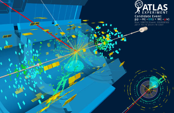Affichage d'un événement candidat pour la production d'un boson de Higgs se désintégrant en deux quarks inférieurs (cônes bleus), en association avec un boson W se désintégrant en un muon (rouge) et un neutrino. Le neutrino quitte le détecteur sans être vu, et est reconstruit grâce à l'énergie transversale manquante (ligne pointillée). Crédit image : Collaboration ATLAS / CERN.
