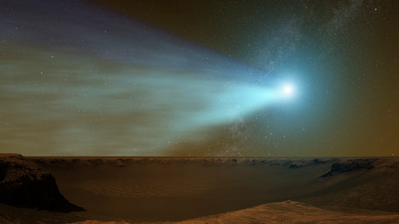 Le 19 octobre 2014, la comète Siding Spring a fait une rencontre remarquablement proche avec Mars, frôlant la planète à seulement un tiers de la distance Terre-Lune. Crédit image : Goddard Space Flight Center de la NASA.