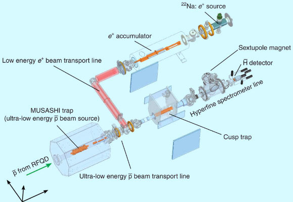 Vue schématique de l'appareil expérimental d'ASACUSA. Les antiprotons délivrés par le décélérateur d'antiprotons via le décélérateur quadripolaire à radiofréquence (RFQD) sont piégés, refroidis par des électrons et comprimés radialement dans une source de faisceau d'antiprotons ultra-lente, appelée MUSASHI. Les positrons modérés provenant d'une source de 22Na sont préparés et refroidis dans l'accumulateur de positrons, puis transportés vers le piège à cuspides. Le piège à cuspides est constitué de plusieurs électrodes en anneau et de bobines anti-Helmholtz supraconductrices. Après l'accumulation des positrons près de la région de champ magnétique maximal, des antiprotons sont injectés par le MUSASHI et mélangés aux positrons pour synthétiser des atomes d'antihydrogène. Les atomes d'antihydrogène dans les états de recherche de champ faible sont focalisés en aval du piège à cuspide en raison du fort gradient de champ magnétique, tandis que les états de recherche de champ élevé sont défocalisés. Ainsi, un faisceau d'antihydrogène polarisé est produit. Crédit image : Kuroda N et al.