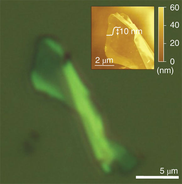 Microscopie optique de gamma-graphyne sur 100 nm de SiO2/Si ; en médaillon : image AFM correspondante montrant la hauteur du pas. Crédit image : Hu et al, doi : 10.1038/s44160-022-00068-7.