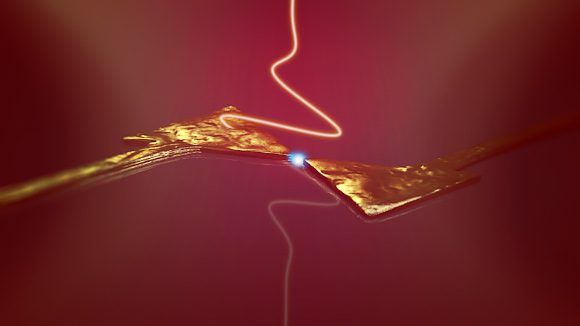 Des électrons se déplacent entre deux bras d'une nanoantenne métallique entraînée par une onde lumineuse à cycle unique. Crédit image : Université de Konstanz.