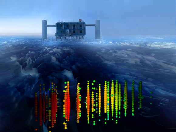 Un graphique de l'un des événements de neutrinos de plus haute énergie est superposé à une vue de l'observatoire de neutrinos IceCube à la station du pôle Sud Amundsen-Scott de la NSF. Crédit image : Collaboration IceCube.