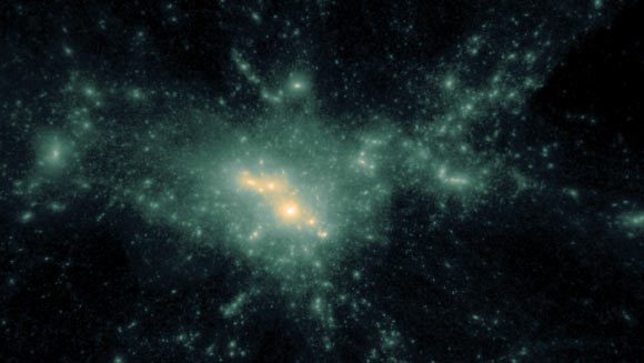 Cette simulation informatique visualise le halo de matière noire (Heidi Wu / Oliver Hahn / Risa Wechsler / Ralf Kaehler / Kavli Institute for Particle Astrophysics and Cosmology)