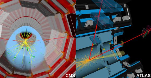 Affichages des événements candidats d'un boson de Higgs se désintégrant en deux muons, tels qu'enregistrés par CMS (à gauche) et ATLAS (à droite). Crédit image : CERN.