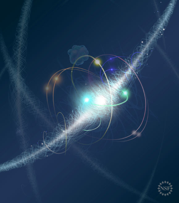 Dans cette représentation artistique, un électron gravite autour du noyau d'un atome, tournant autour de son axe tandis qu'un nuage d'autres particules subatomiques est constamment émis et réabsorbé. Crédit image : Nicolle R. Fuller, National Science Foundation.