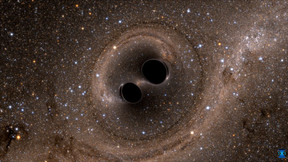 La collision de deux trous noirs est visible sur cette photo tirée d'une simulation informatique. Crédit image : SXS.