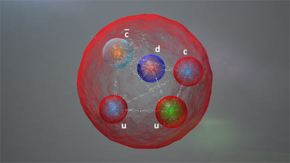 Illustration de la disposition possible des quarks dans une particule pentaquark telle que celles découvertes par la collaboration LHCb ; les cinq quarks pourraient être étroitement liés ou assemblés différemment. Crédit image : CERN.