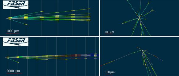 Affichages des événements FASERν de deux des sommets neutres dans la projection yz longitudinale à la direction du faisceau (à gauche) et dans la vue transversale à la direction du faisceau (à droite). Crédit image : Collaboration FASER.