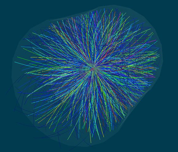 Une des premières collisions d'ions de plomb enregistrées par le détecteur ALICE. Crédit image : Collaboration ALICE / CERN.