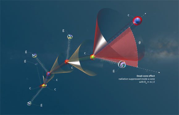 Un quark charmant (c) dans une pluie de partons perd de l'énergie en émettant un rayonnement sous forme de gluons (g). La pluie présente un cône mort de rayonnement supprimé autour du quark pour des angles plus petits que le rapport entre la masse (m) et l'énergie (E) du quark. L'énergie diminue à chaque étape de la pluie. Crédit image : Daniel Dominguez / CERN.