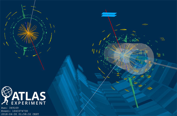 Représentation d'un événement candidat WWW 3 leptons + neutrinos ; l'événement est identifié par sa désintégration en un muon (ligne rouge), deux électrons (lignes bleues) et une énergie transversale manquante (ligne pointillée blanche). Crédit image : CERN.