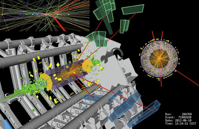 Décroissance du boson de Higgs candidat en quatre muons, enregistrée par l'expérience ATLAS en 2012 (ATLAS)