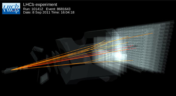 L'affichage des événements de l'expérience LHCb montre des exemples de collisions qui ont produit des candidats pour la désintégration rare du méson Bs0. Crédit image : Collaboration LHCb.